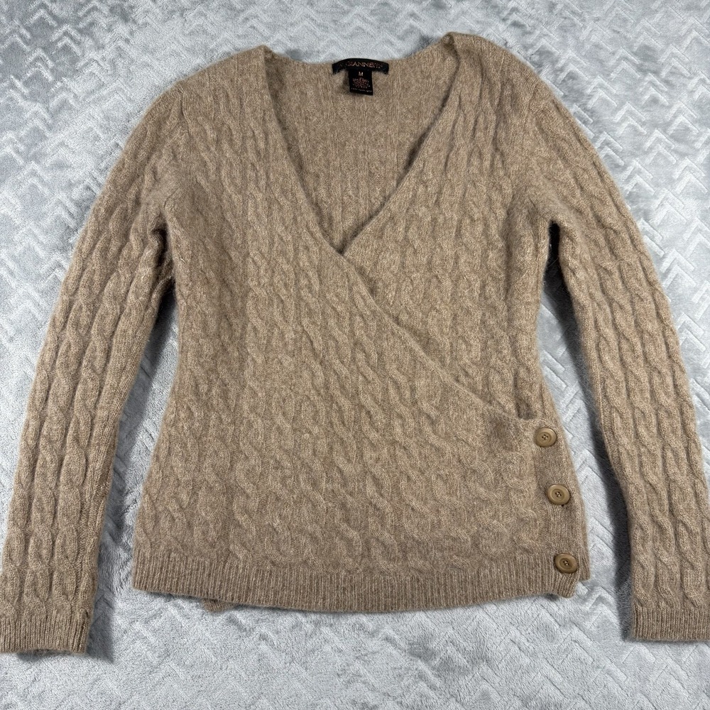 A. Gannett Lambs Wool /Angora Tan Medium Cable Knit Sweater Fisherman Cardigan